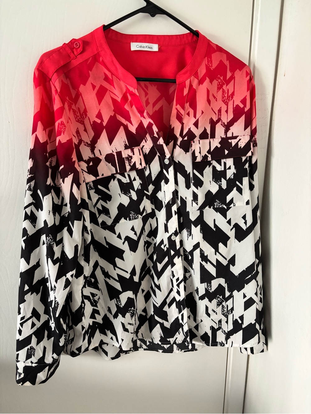 Calvin Klein Red, Pink and Black Abstract Button-Front Women's Blouse